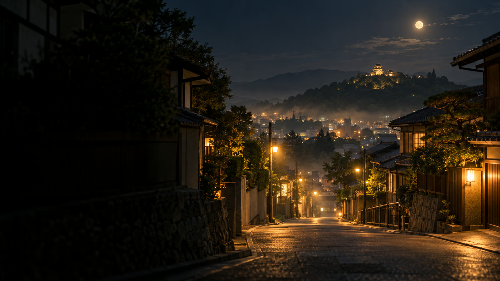 月が出た夜の坂道。街灯がともり、遠くの山の上でお城がライトアップされている（AIで描いたイメージ）
